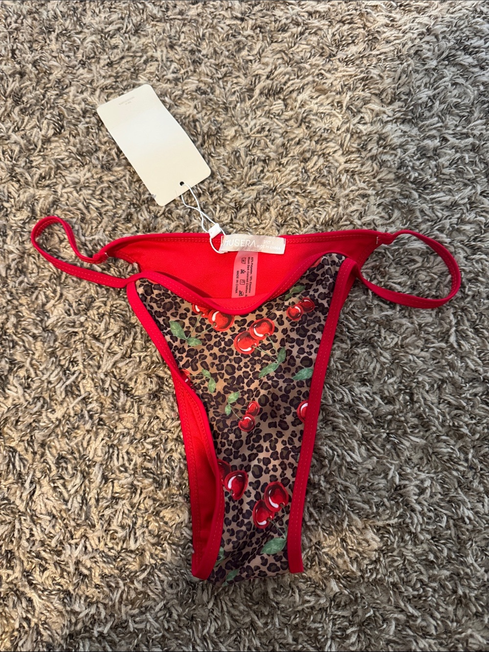Muse Red Cherry Leopard String Bikini Bottoms